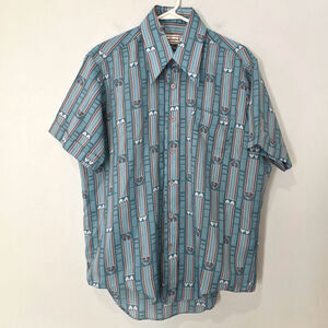 Vtg 70s Landmark Dagger Collar Shirt Short Sleeve Geometric Tree Print Disco Mod